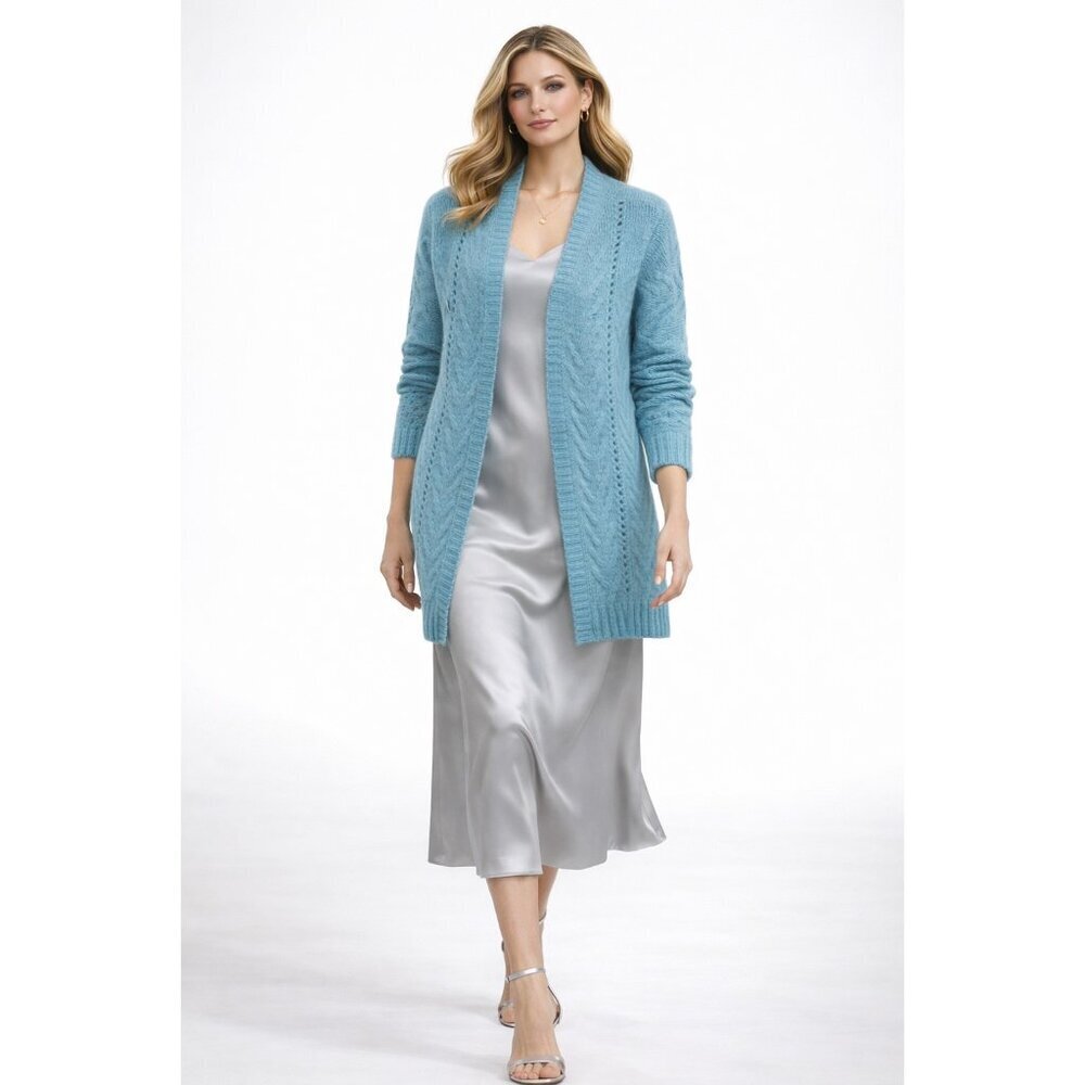 C by Bloomingdale’s 100% 2-Ply Cashmere Cardigan M Blue Cable Knit Open Front